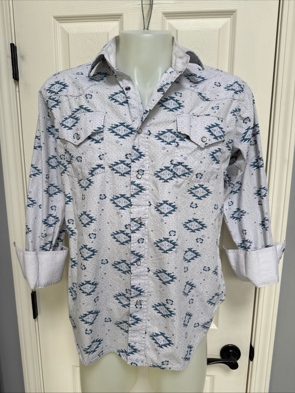 ELY CATTLEMAN Men Long Sleeve Western Shirt Blue Aztec Floral Pearl Snap L
